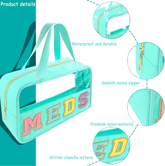 Bunliuys Chenille Letter Clear Makeup Bag Meds Patch, Travel Toiletry Makeup Bag with Handle, Nylon Waterproof Makeup Bags clear cosmetic bag, preppy patch makeup bag for Women (MEDS-Mint Green) - Image 3