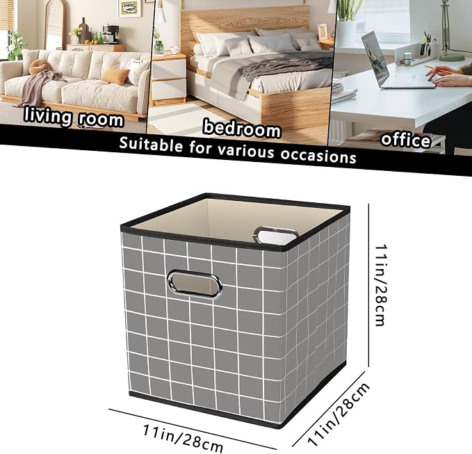 Yunkeeeper storage bins Cubes, Fabric Cube Organizer with Handle, Foldable Cube Bins for Cloth or Accessary Storage, 11x11x11, Set of 6, (Grey grid) - Image 2