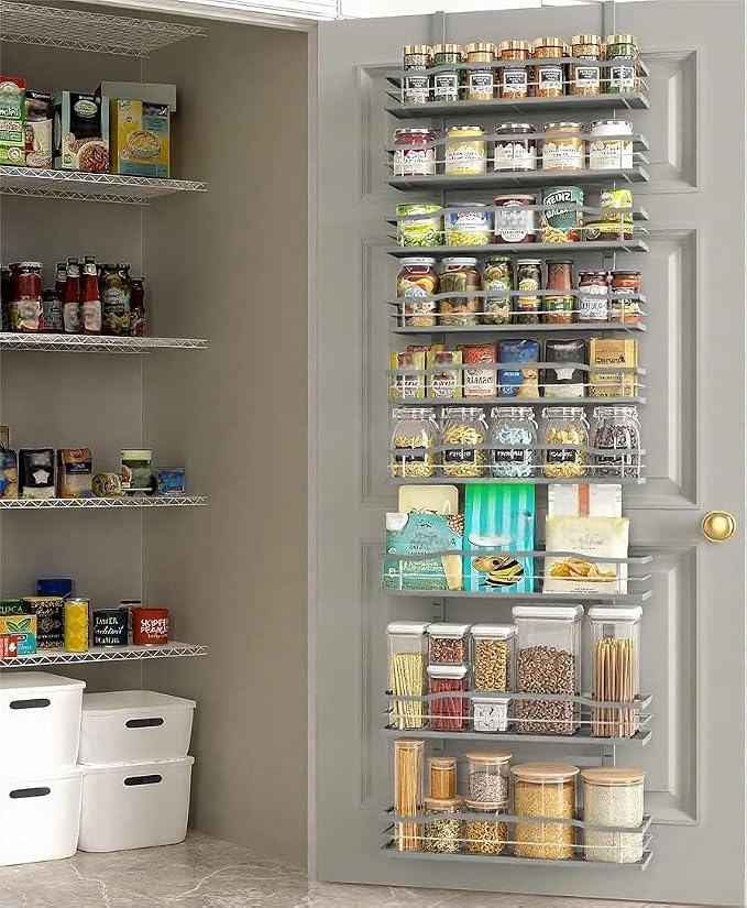 Moforoco Grey 9-Tier Over The Door Pantry Organizer, Pantry Organization and Storage, Black Hanging Basket Wall Spice Rack Seasoning Shelves by MOFOROCO
