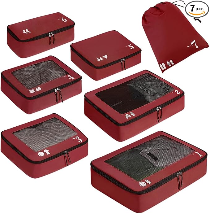 ECOHUB 7 Set Packing Cubes Tear-Resistant Luggage Packing Organizers with Number Icon for Travel Accessories Luggage Suitcase Machine Washable Packing Cubes (Red) by ECOHUB