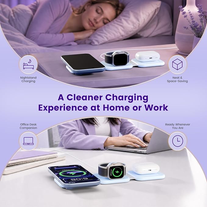 15W Magnetic Travel Charging Station, 3-in-1 Foldable MagSafe Charger | Wireless Charger for Apple Multiple Devices - iPhone Air 17 16 15 14 13 13 Pro Max, Watch & AirPods - Sky Blue - Image 8