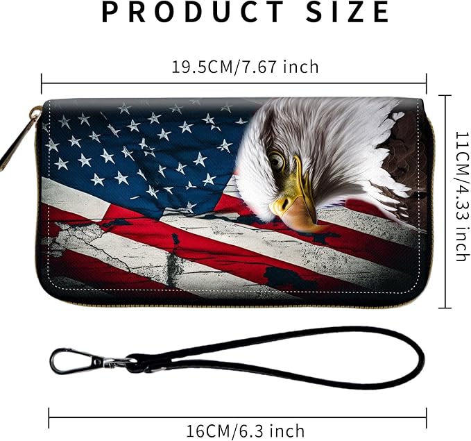 Wallet,Leather Long Wallet Suitable For Ladies And Teenagers - Detachable Wristband + RFID Travel Wallet With Card Slot - Bald Eagle American Flag - Image 2