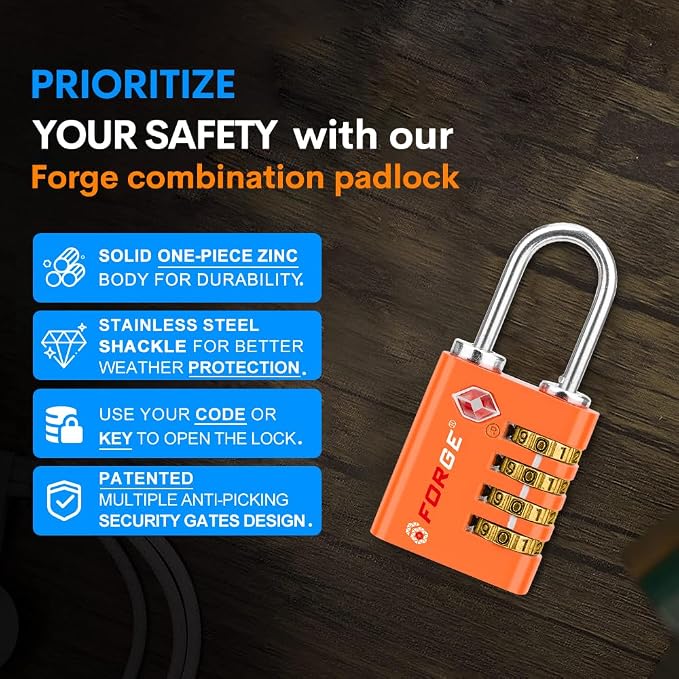 Forge Dual-Opening: Key or Combination Access Lock, TSA Approved Locks for Luggage, Pelican case, Travel, Gym, School, Stainless Steel Shackle.(Orange, 2 Pk) - Image 6