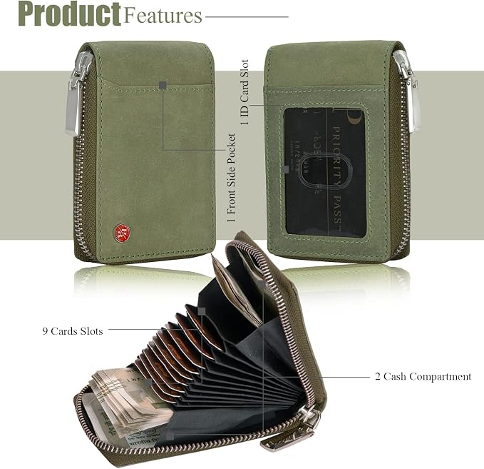 HORNBULL Steve RFID Blocking Leather Wallet for Men | Vertical Credit Debit Card Holder, Zip Around Wallet (Green) - Image 3
