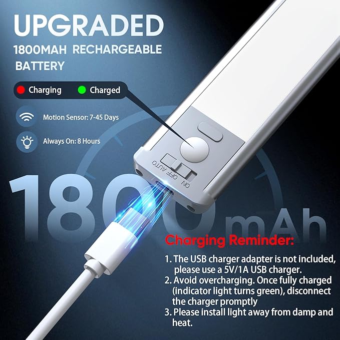 MCGOR 10inch Under Cabinet Lighting, 2 Pack Rechargeable Motion Sensor Light Indoor, 5 Levels Dimmable Magnetic Closet Lights, Wireless Under Counter Lights for Kitchen, Stairs - Image 5
