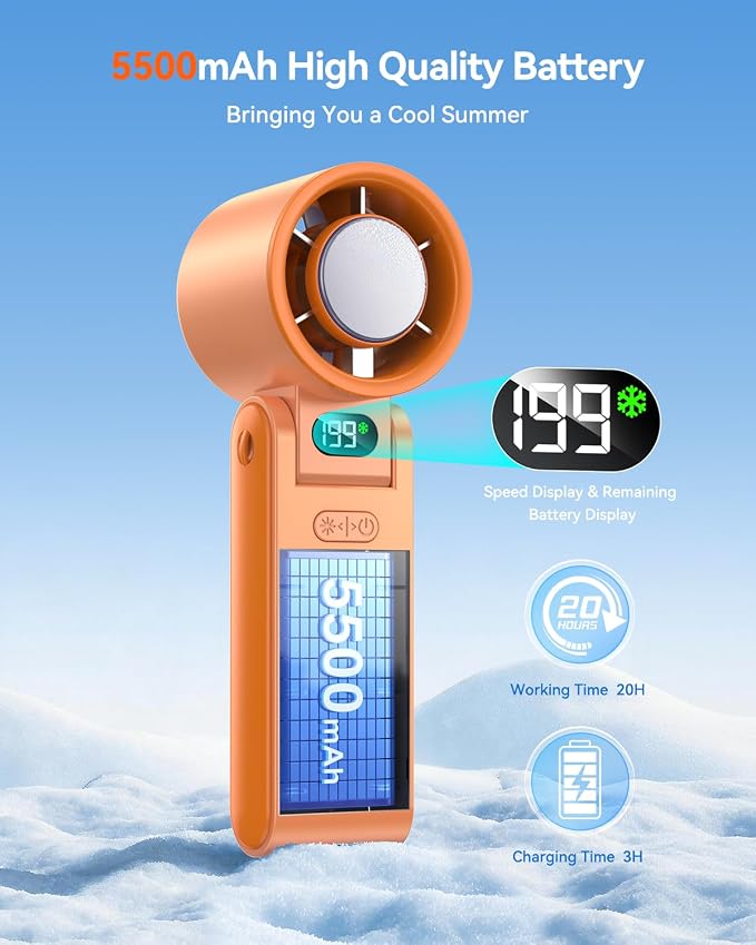 Portable Handheld Fan with Ice Cooler, 199 Speed Personal Fan,5500mAh Rechargeable,20H Cooling Time,20000 RPM Powerful Motor, Summer Essential for Travel/Outdoor/Office, Orange - Image 4