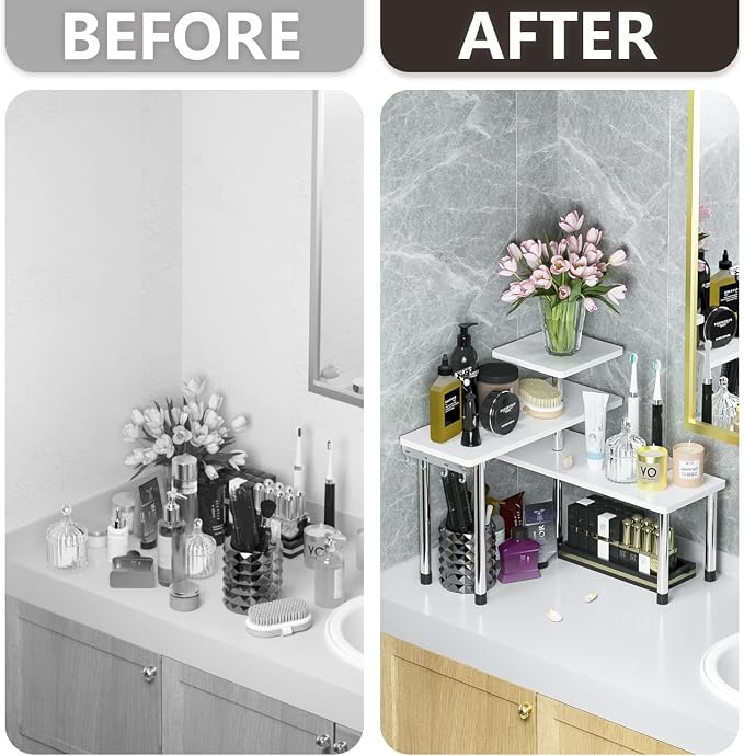 ZHWS Bathroom Counter Organizer Corner Shelf – Bathroom Organization Bamboo 3 Tier Spice Rack Makeup Organizer Bookshelf Space Saving Rack Kitchen Office Living Room (White) - Image 4