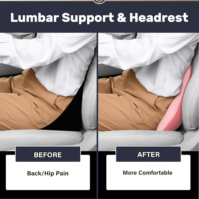 Coverado Lumbar Support and Headrest Pillow for Car, Memory Foam Ergonomic Head Neck Support Pillow for Driving Seat, Back Support and Pain Relief, Seat Cushion for Car, Driver, Office - Image 4