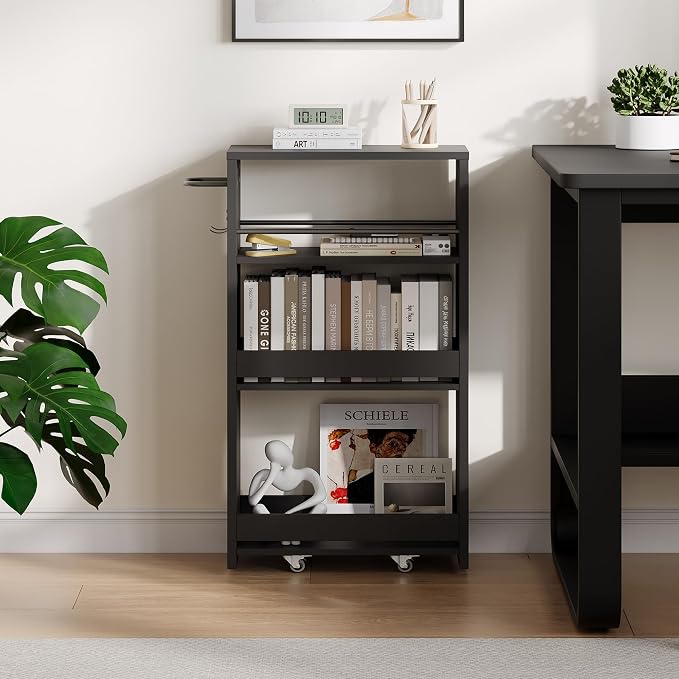 ChooChoo 4-Tier Slim Storage Cart, 7.87 inches Wide Narrow Storage Cabinet with 360° Wheels and 2 Hooks, Space-Saving Organizer for Kitchen, Narrow Places, Laundry Room, Black - Image 6