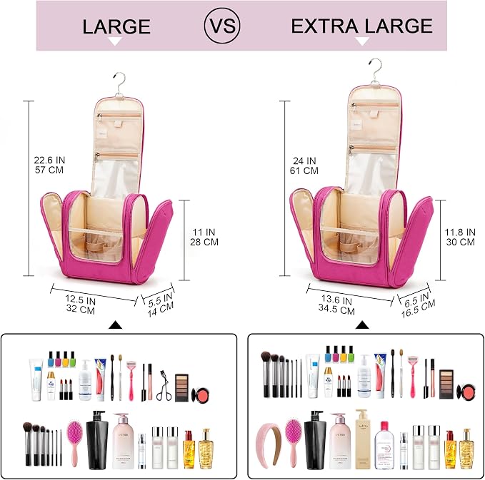 Hanging Travel Toiletry Bag for Women and Men, 6 Organizer Compartments, Large Toiletries essentials, Bathroom Cosmetic Accessories, Water-resistant Makeup Bag, Holds Full-Size Shampoo, Rose Red - Image 7
