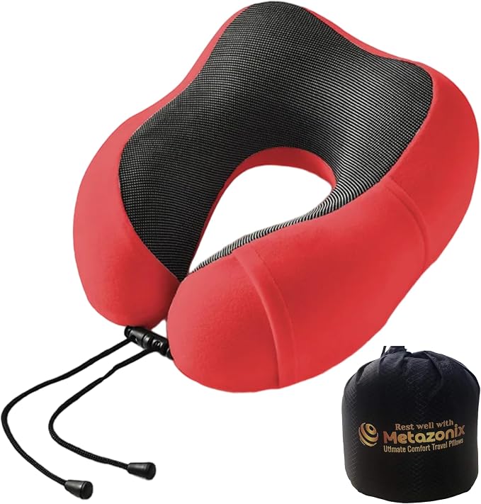 Travel Pillow - 100% Memory Foam - Travel Pillows for Airplane - Neck Pillow Airplane and Car Use - Memory Foam Travel Neck Pillow - Travel Essentials for Women and Men (Candy Apple Red) by VorgatoLuxury