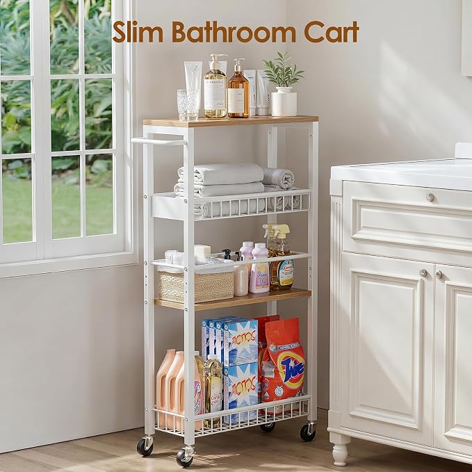 Slim Rolling Storage Cart, 4 Tier Narrow Storage Cart, 7.1in(W) | Metal Kitchen Rolling Cart for Small Spaces, Narrow Shelf for Kitchen, Laundry Room, Bathroom, Living Room - Image 6