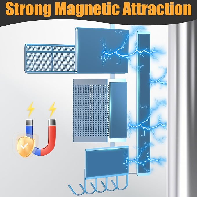 Magnetic Spice Rack for Refrigerator, 7 Pack Metal Magnetic Shelf Blue, Moveable Spice Organizer with Hook Rack, Paper Towel Holder, Kitchenware Holder, Strong Magnetic Storage Fridge Organizer - Image 3