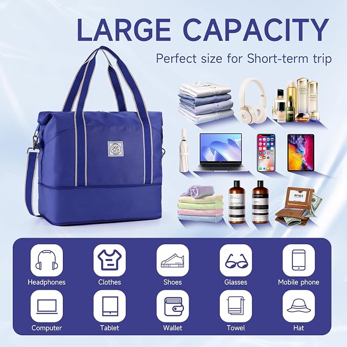 WALNEW Travel Duffel Bag, Weekender Overnight Carry On Bag for Women Men, Foldable Waterproof Gym Luggage Duffle Bag with Metal Buckle Detachable Shoulder Strap and Wet Compartment (Klein Blue) | Overnight Carry On Bag, Foldable Waterproof Gym Luggage ... - Image 3