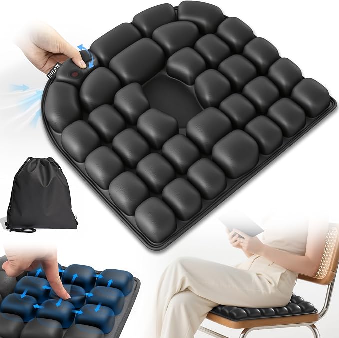 Upgrade Travel Cushion with No External Air Pump, Airplane Seat Cushion for Long Flights, Portable Wheelchair Cushions, Adjustable Air Cushion with Non-Skid Bottom Relief Discomfort in Coccyx by SGJHUI