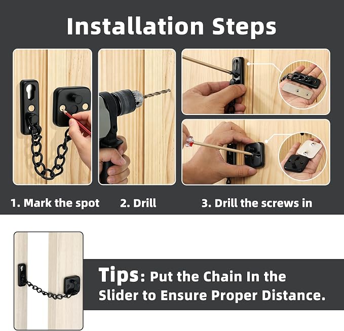 Mooche Door Chain Lock, Chain Door Lock with Spring Anti-Theft Press Lock | Thickened Stainless Steel Door Latch Guard with Screws for Interior Outdoor Toilet Barn Fence Garage (Black) - Image 8