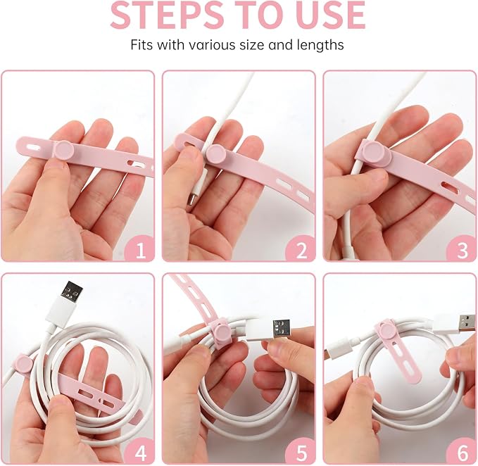Oligei 25 Pcs Silicone Cable Ties, Cable Ties Reusable, High Elasticity Cord Wraps for Electrical Cords, Cord Organizer for Earphone, Phone Charger(Pink) - Image 5