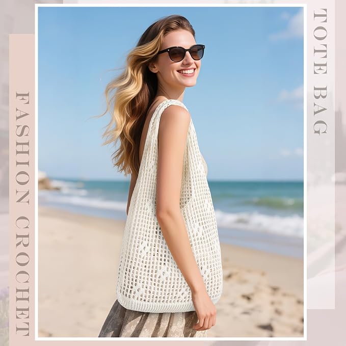 Sightor Crochet Tote Bag, Mesh Beach Bag Knit Summer Hobo Bag for Women | Beach Tote bag Vacation Outfits Aesthetic Boho Bag - Image 3