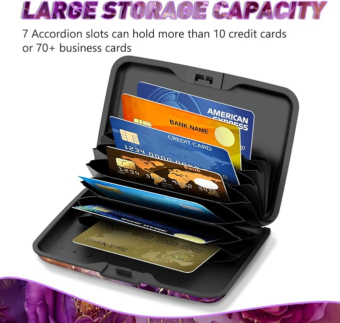 Credit Card Holder, Business Card Case Mini RFID Small Aluminum Card Wallet | Blocking Slim Metal RFID Blocking Front Pocket Wallet Hard Case Durable CC Holder for Women Girl, Purple Marble Flower - Image 4