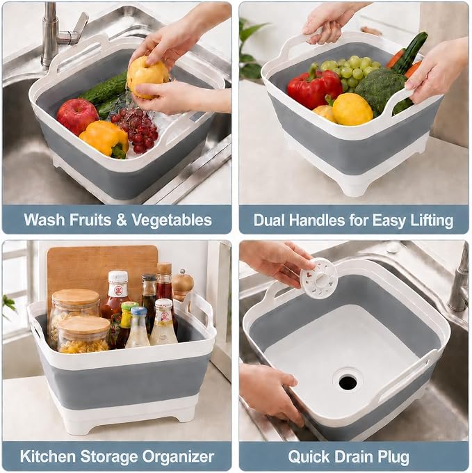 Collapsible Dish Basin with Drain Plug, Foldable Wash Basin 2.4 Gal (9L) | Portable Sink Tub for Kitchen, Baby Bottles, Camping, RV, Vegetable Washing and Beverage Tub, Gray - Image 7