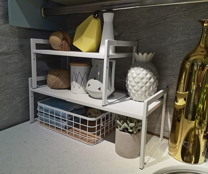 Expandable Cabinet Shelf Organizer 16-26" L Stackable Kitchen Counter Shelf Rack Stand Sink Riser Countertop Storage White (Wide 10.6”D) - Image 6