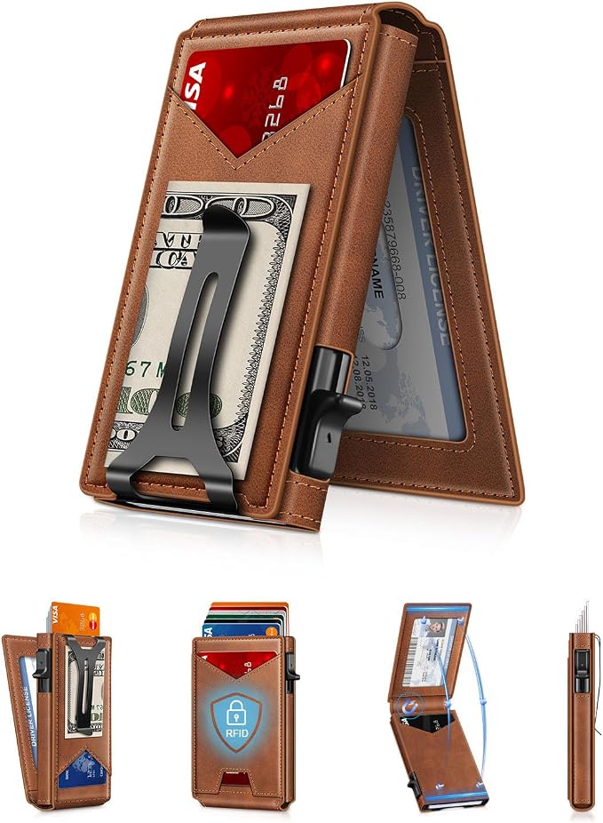 GHUKY Wallet for Men RFID Wallet with Money Clip, Slim Pop Up Card Holder for 10-12 Cards, Minimalist Smart Credit Card Case with ID Window, Bifold Metal Wallet for Front Pocket, Gifts for Men by GHUKY