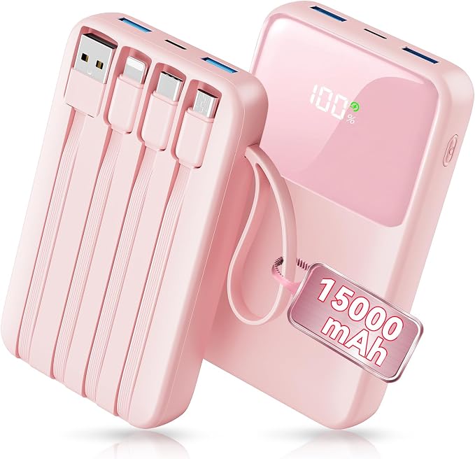 HELLEE 15000mAh Portable Charger Power Bank, Smaller Built-in 4 Cables Pink | 22.5W 50% More Capacity, 45% Smaller, Slim Travel Essential Battery Pack, 30-Min Fast Charge to 50% for iPhone/Samsung by Unknown