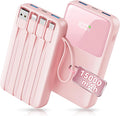 HELLEE 15000mAh Portable Charger Power Bank, Smaller Built-in 4 Cables Pink | 22.5W 50% More Capacity, 45% Smaller, Slim Travel Essential Battery Pack, 30-Min Fast Charge to 50% for iPhone/Samsung by Unknown