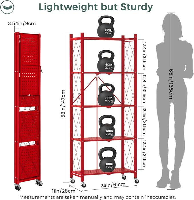 DEANIC 5-Shelf Folding Bookcase with Wheels, Heavy Duty Storage Shelves, Freestanding Metal Wire Shelving Unit for Living Room, Office, Kitchen, Basement, Pantry(Red) - Image 3