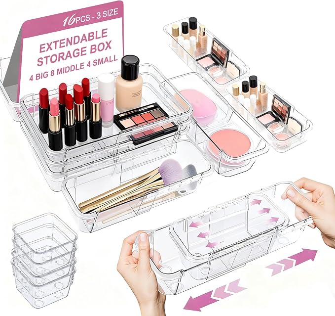 16 Pcs Upgraded Extendable Clear Drawer Organizer, Adjustable Vanity Storage Box, 3-Size Desk Drawer Organizer, Durable Storage Bins for Makeup, Cosmetic, Bedroom Dressers Tool Organizer for Gadgets - Image 2