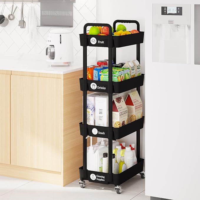 Laiensia 4-Tier Rolling Cart with Wheels,Multifunction Utility Storage Carts, Kitchen Storage Organizer,Mobile Shelving Unit for Bathroom,Laundry,with Classified Stickers,Black - Image 7