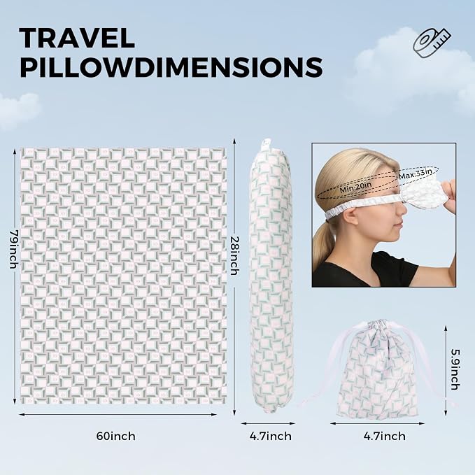 Travel Pillow with Detachable Flannel Blanket & Eye Mask – Plush Velvet Neck Support Pillow for Airplane,Car,Office Rest,Coordinated Digital Print Set (Green Pink Geometry, 60in * 79in) - Image 3