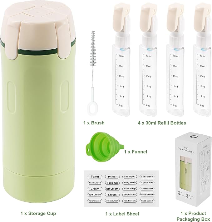 4-in-1 Travel Dispenser, 4 Pack 30ML Travel Bottles with Stickers for Toiletries – TSA Approved Leak Proof Refillable Containers for Shampoo, Conditioner, Creams, Lotions (Green) - Image 9