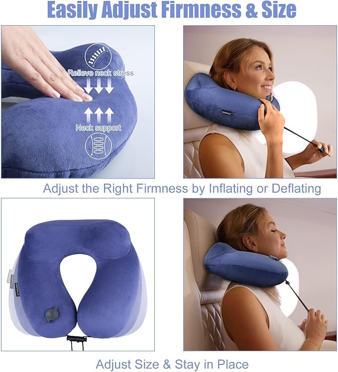Inflatable Travel Neck Pillow for Airplanes, Super Soft Velvet Neck Support, Adjustable Firmness, Blow Up Plane Pillow for Long Flights, Road Trips, Travel Essentials with Eye Mask, Earplug - Image 5