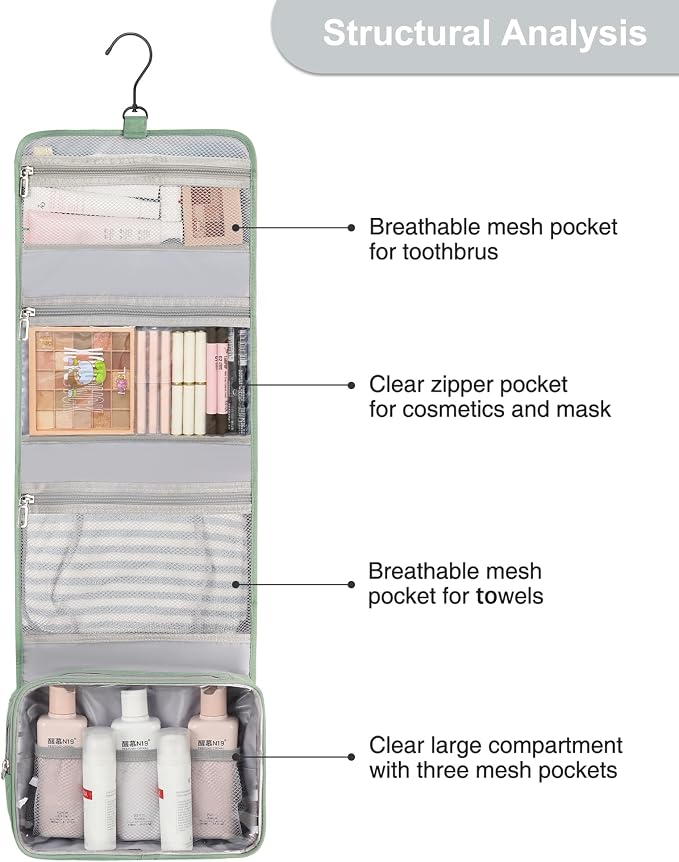 Relavel Travel Hanging Toiletry Bag for Women for Full-size Container | Travel Wash Bag with 360° Rotation Hook, Waterproof Large Stand Up Toiletries Organizer for Bathroom Shower Camping - Green - Image 7