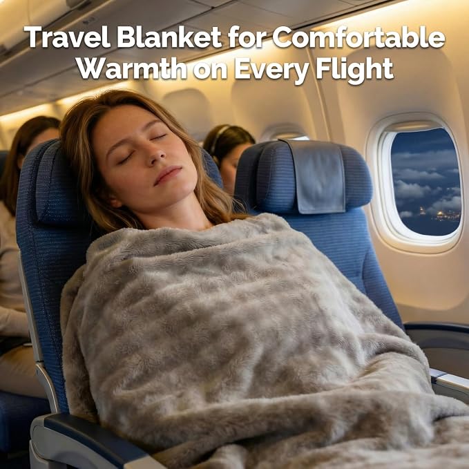 Gray Travel Blanket for Airplane, Portable Soft Flannel with Pouch & Clip | Skin-Friendly Flannel, Lightweight Portable Design with Clip, Hands-Free Carry, Essential Travel Gear for Frequent Flyers - Image 2