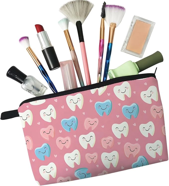 Livel lhood Pink Backgrpund Cartoon Teeth Small Makeup Zipper Bag | Cartoon Teeth Printed Cosmetic Organizer Pouch, Cartoon Teeth Gift for Women Friends - Image 4