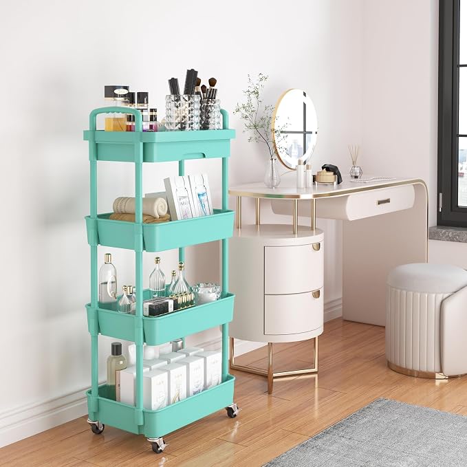 Calmootey 4-Tier Utility Cart with Drawer & Wheels, Storage for Home,Office | Space-Saving Organizer, Sturdy Plastic Shelves, Smooth-Rolling Metal Wheels, Built-in Drawer for Small Items, Green - Image 2