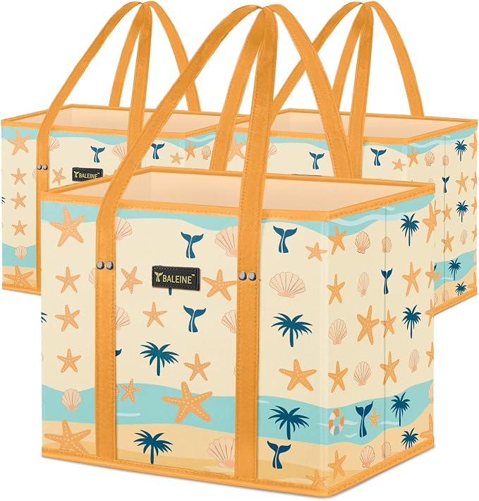 BALEINE 3PK Reusable Grocery Bags, Heavy Duty Shopping Tote Bag | 12'' Long Handles, Reinforced Bottom Keeps Upright, Fold Flat Storage, Water-Resistant Shopping Bag, Multiple Color Options by BALEINE
