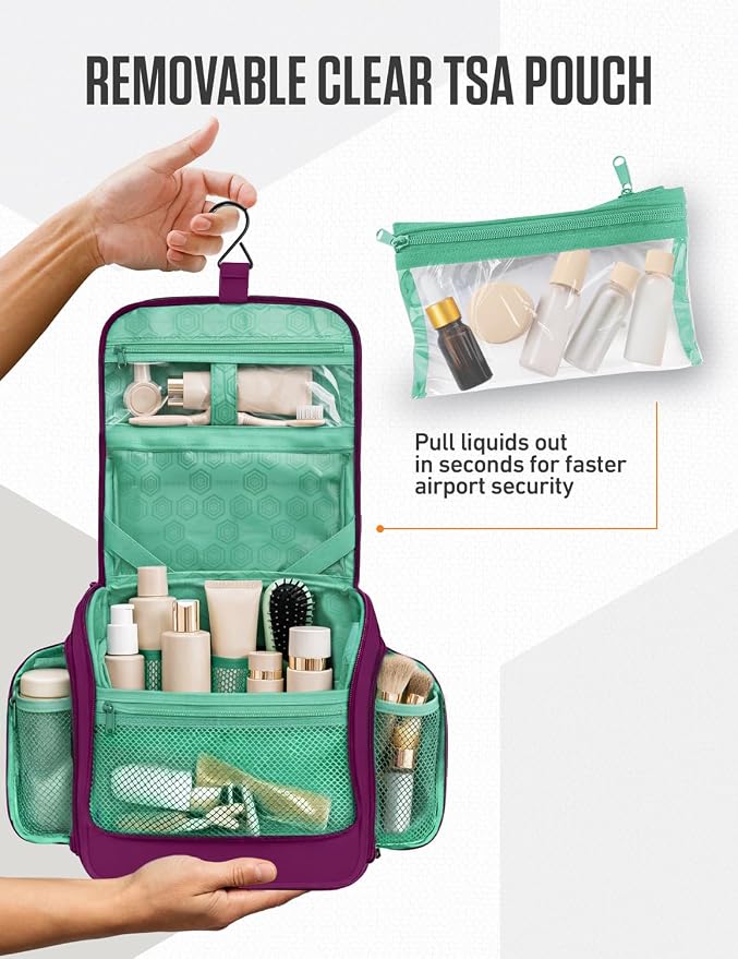 VENTURE 4TH Hanging Travel Toiletry Bag, 18 Compartments - Purple/Mint | Hangs on rails, hooks or doors; stands upright. Removable TSA pouch. Water-resistant Nylon 290D Twill, reinforced stitching. - Image 9