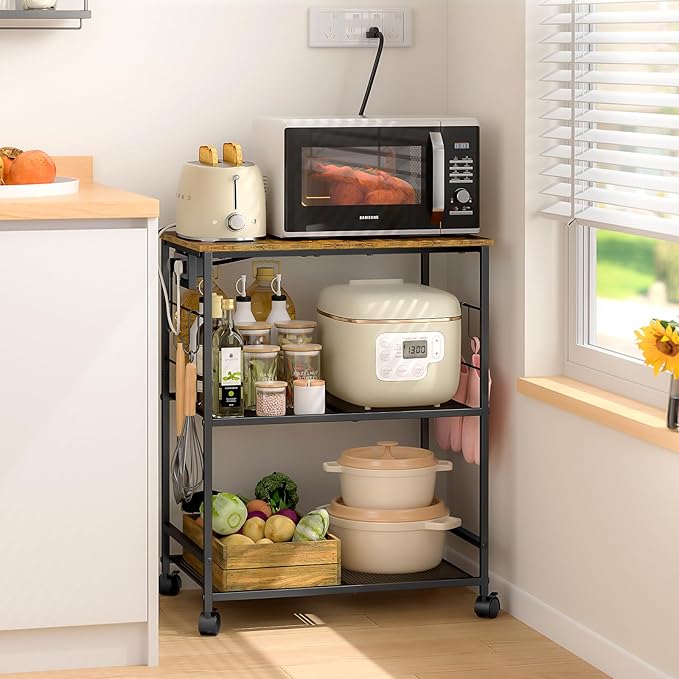 ThreeHio Rolling Kitchen Microwave Cart with Power Outlet, 3 Tier Microwave Table Stand with Storage, Kitchen Utility Cart on Wheels, Small Coffee Cart Shelf Rack Organizer for Living Room Office by ThreeHio
