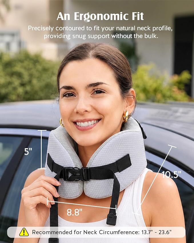 YFONG Travel Pillow with 3D Sleep Mask for Long Flights Airplane, Grey | Patented 360° Ergonomic Sleeper Hold Head Support System, Memory Foam Neck Pillow, Prevents Head Bobbing, Adjustable Strap - Image 8
