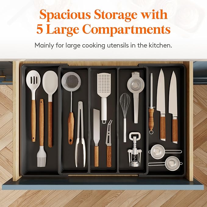 Lifewit Utensil Organizer for Kitchen Drawers, Expandable Utensil Tray | Adjustable Cooking Cutlery Silverware Flatware Holder, Plastic Spatula Tools Storage Divider, 16- 28 x 18.5", Black - Image 4