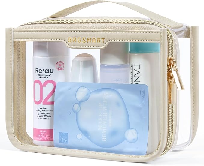 BAGSMART Clear Toiletry Bag for Travel, TSA Approved, 1-Pack, Khaki | Makeup Cosmetic Pouch Bag for Women, Quart Size Compliant Bag Organizer for Travel Essentials by BAGSMART