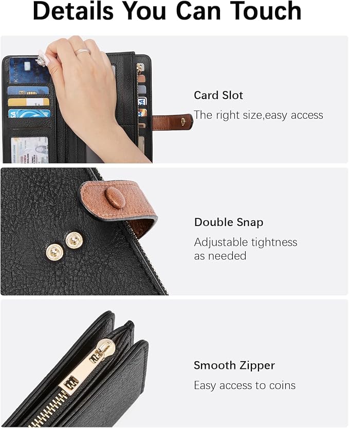 BOSTANTEN Womens Leather Wallet RFID Large Capacity Credit Card Holder | 4 ID Windows, 16 Card Slots, Zipper Coin Pocket, Clutch Wallet, Long Bifold, Ladies Gifts, Black＆Brown - Image 4