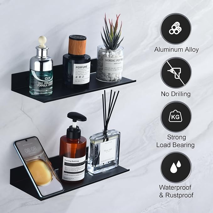 HNVNER Adhesive Shower Caddy Shelves 30cm, Metal Bathroom Wall Shelf | Black Floating Shelves 2 Pack, Renter-friendly, Drill/No Drill, Aerospace Aluminum, Rustproof & Waterproof, Supports 5kg - Image 4