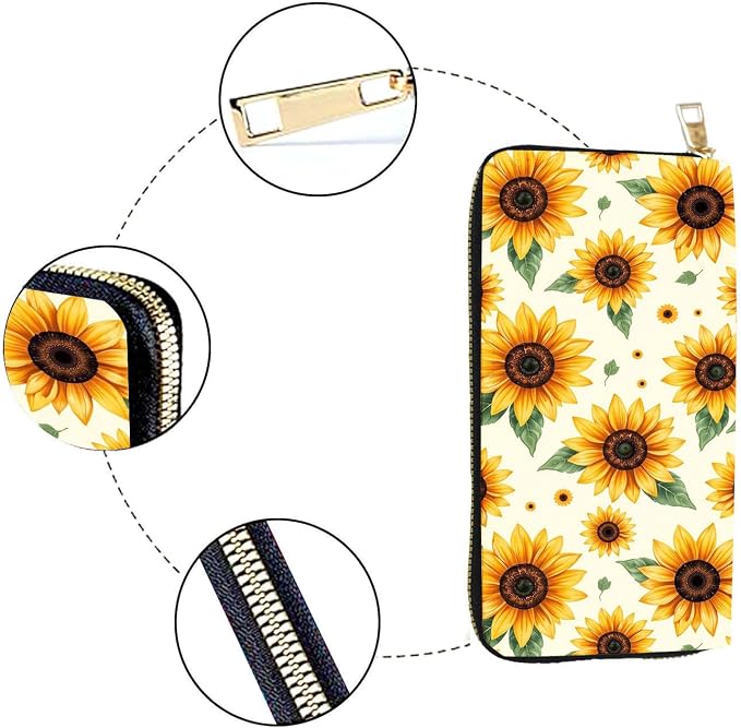 Women's RFID Blocking PU Leather Zip-Around Wallet, Large Capacity Clutch with Phone Holder, Travel Purse & Card Organizer with Removable Wristlet,Sunflower Pattern - Image 4