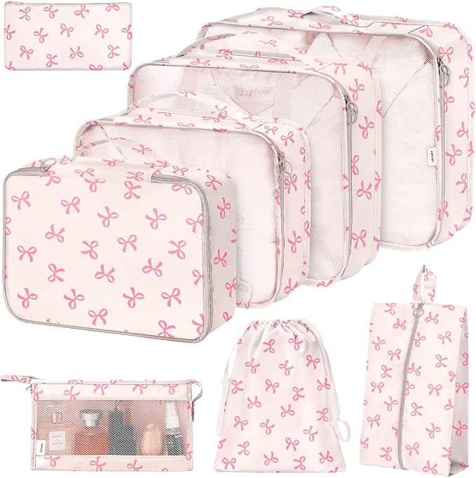 8 Set Packing Cubes for Suitcases,Suitcase Organizer with Shoe,Cosmetics,Clothing, and Accessories Bags for Travel Luggage Organizer Women Men(Pink Bows) by Hatisan