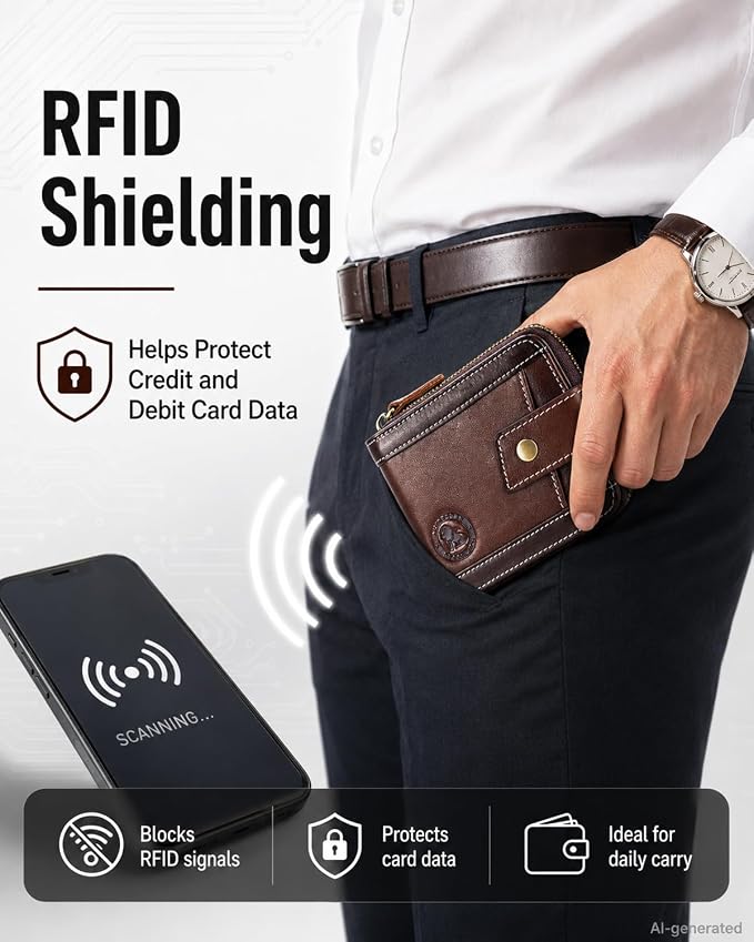 Men's Leather RFID Wallet with Zipper, 14 Card Slots, ID Window | Zippered coin pocket separates loose change; organized for commuting and everyday carry (Coffee) - Image 2