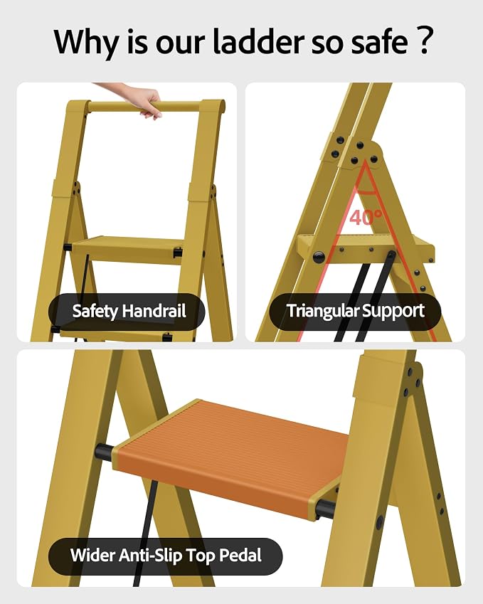 Taranta 4 Step Ladder,Aluminum Step Stool Foldable-Twilight Yellow | Lightweight Folding Ladder with Convenient Handgrip,Wide Top Pedal,330lbs Capacity Stepladder for Home,Office,Kitchen - Image 3